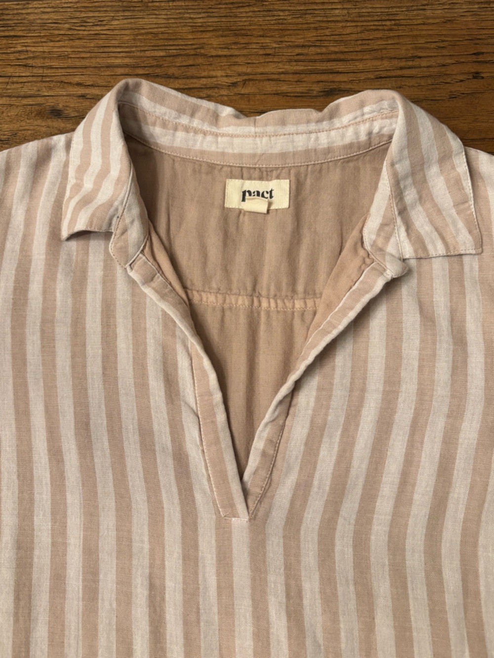 Pact Organic Cotton Shirt Dress Beige Pink Stripe Medium Relaxed Coastal Tunic - Picture 4 of 14